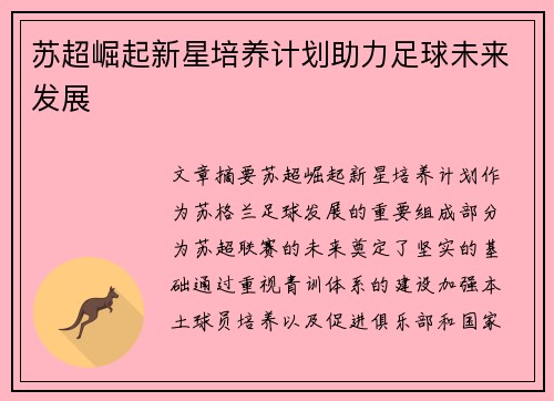 苏超崛起新星培养计划助力足球未来发展